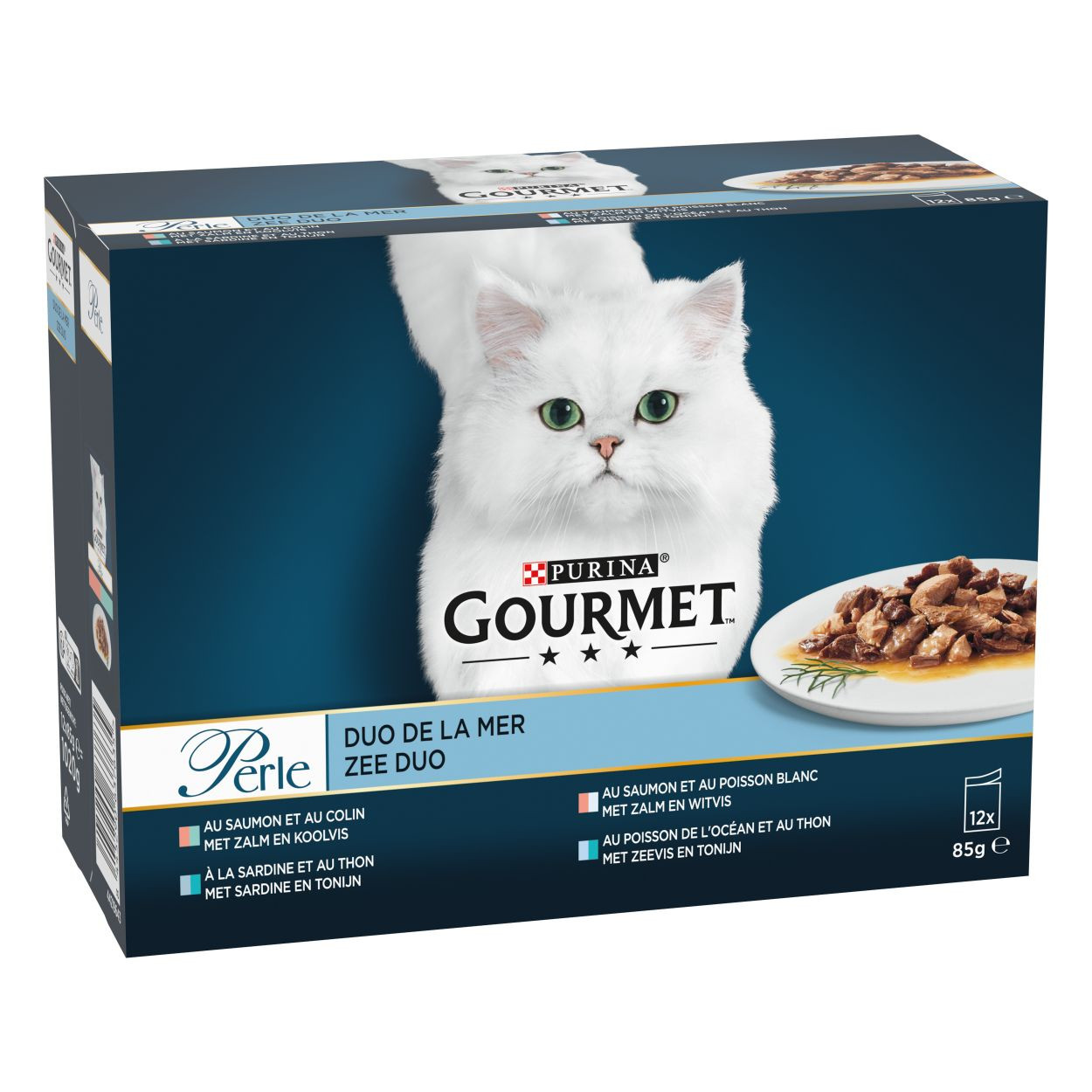 Purina Gourmet Perle Duo met zalm-koolvis, zalm-witvis, zeevis-tonijn of sardine-tonijn natvoer kat (12x85 g)